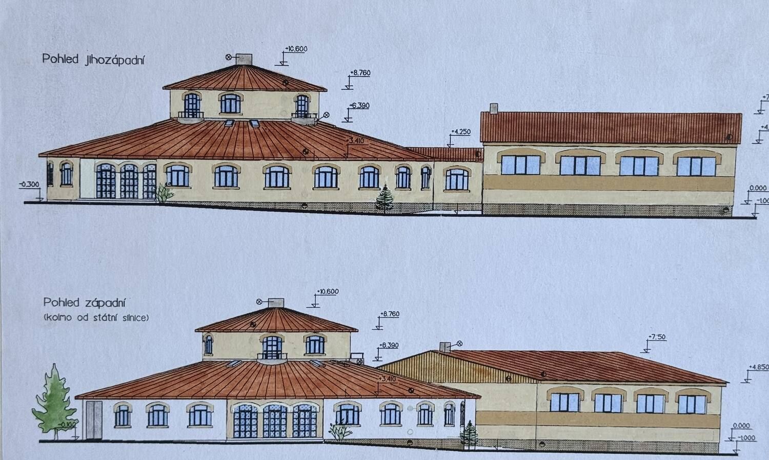 Architektonický výkres areálu Bartoň Kovo se dvěma pohledy budov